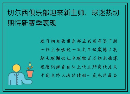 切尔西俱乐部迎来新主帅，球迷热切期待新赛季表现